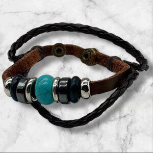 Women’s Beaded Leather Wrap Bracelet With Button Clasp Brown & Turquoise Boho St